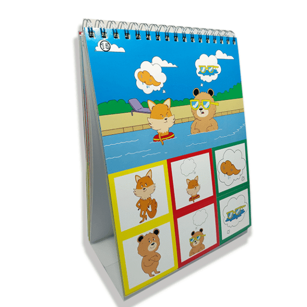 Muestra de escenas ilustradas de Pictoraciones con Zorro y Oso para facilitar el trabajo de oraciones subordinadas.