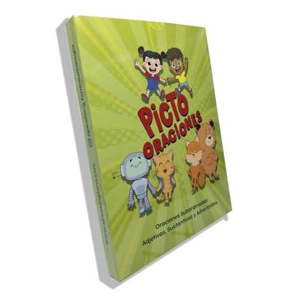 Caja física de Pictoraciones, material fonoaudiológico para trabajar oraciones subordinadas.