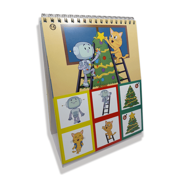 Ejemplos ilustrados de Pictoraciones con los personajes Robot y Gato para trabajar oraciones subordinadas adverbiales